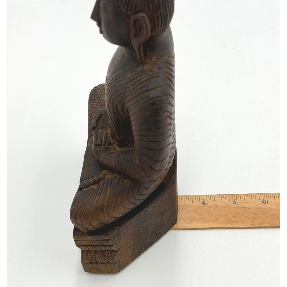 Vintage Carved Wood Buddha Statue & Embossed Metal Wall Plaque Buddhist Decor - Picture 9 of 15